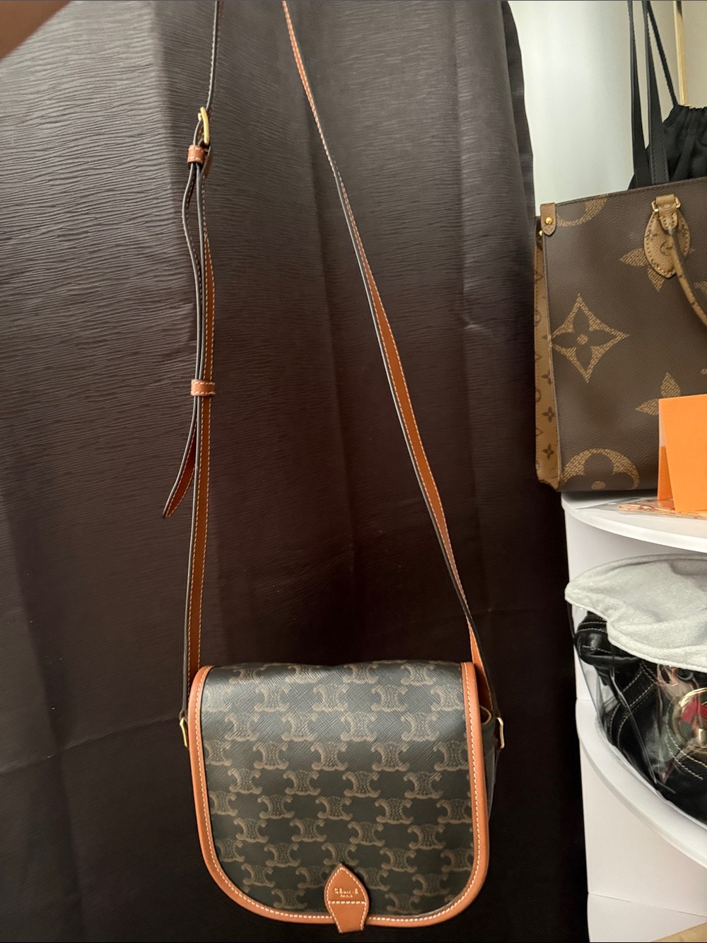 Celine Brown & Tan Triomphe Monogram Crossbody Bag